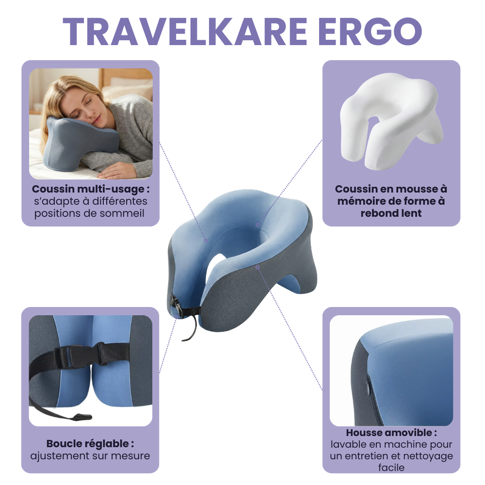 TravelKare Ergo - Oreiller de voyage ergonomique à mémoire de forme